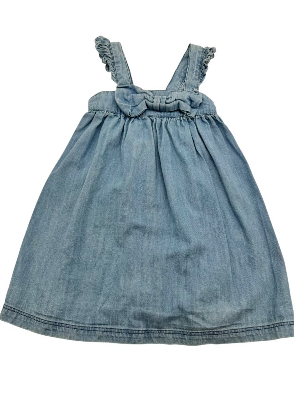 RuffleButts Light Blue Denim Ruffle Strap Dress with Statement Bow, Size 2T